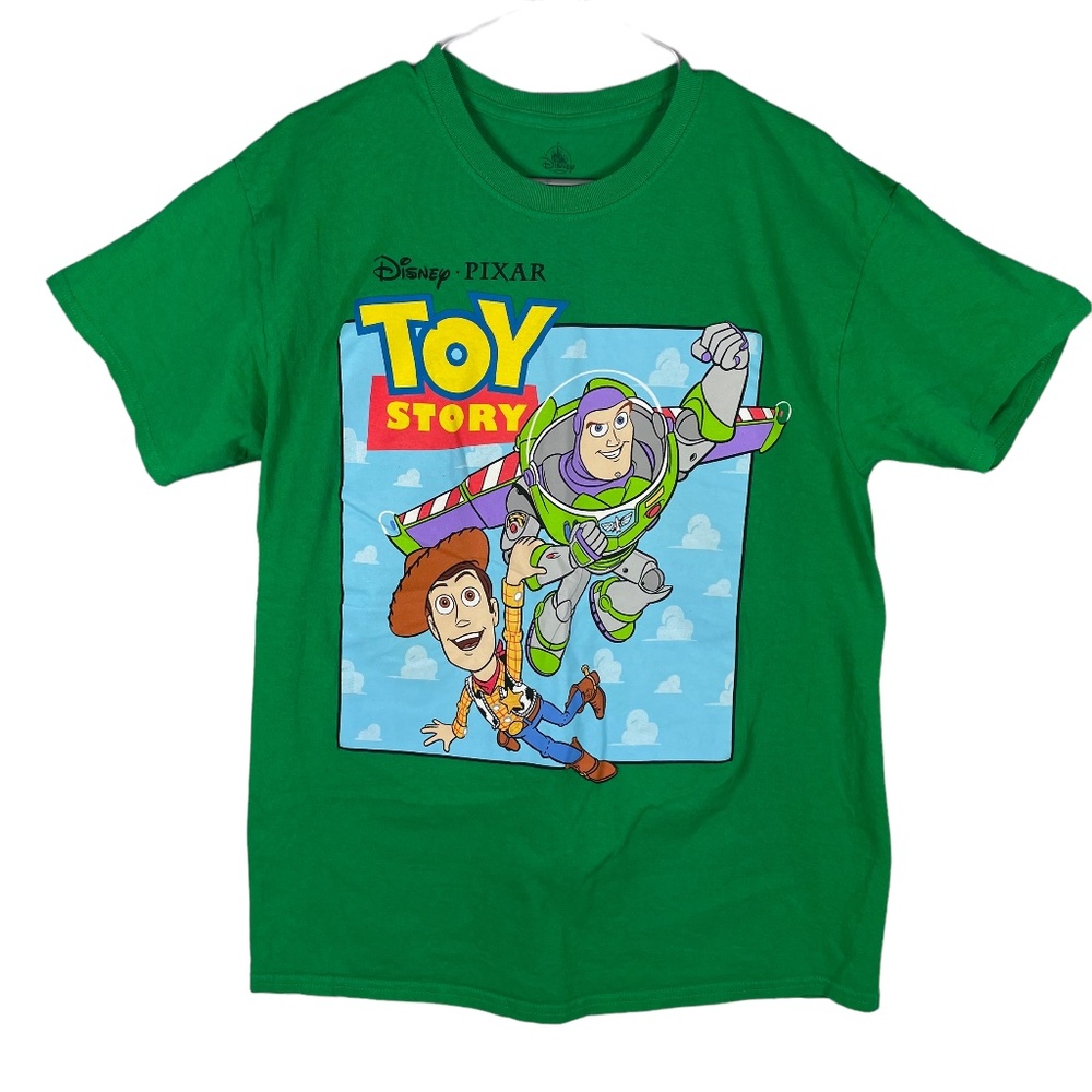 Disney Pixar TOY STORY Mens L Green Short Sleeve Tee Shirt Buzz Lightyear Woody